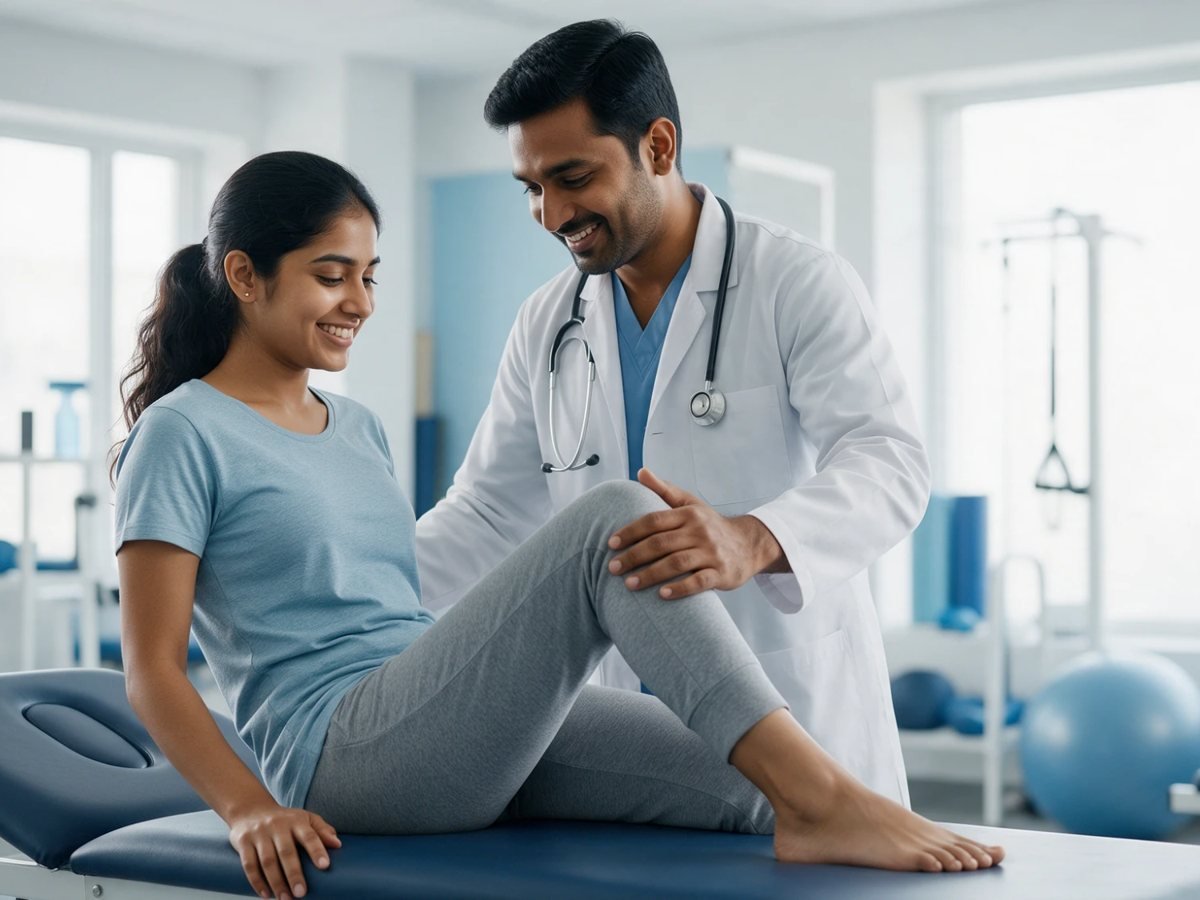 An Indian physiotherapist guiding a patient through a knee exercise at the clinic